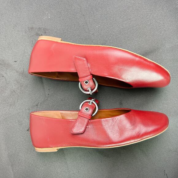 Reformation Bethany Red Leather Ballet Flats Silver Buckle 7 - Picture 4 of 5